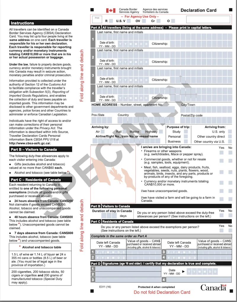 Tờ khai nhập cảnh Canada