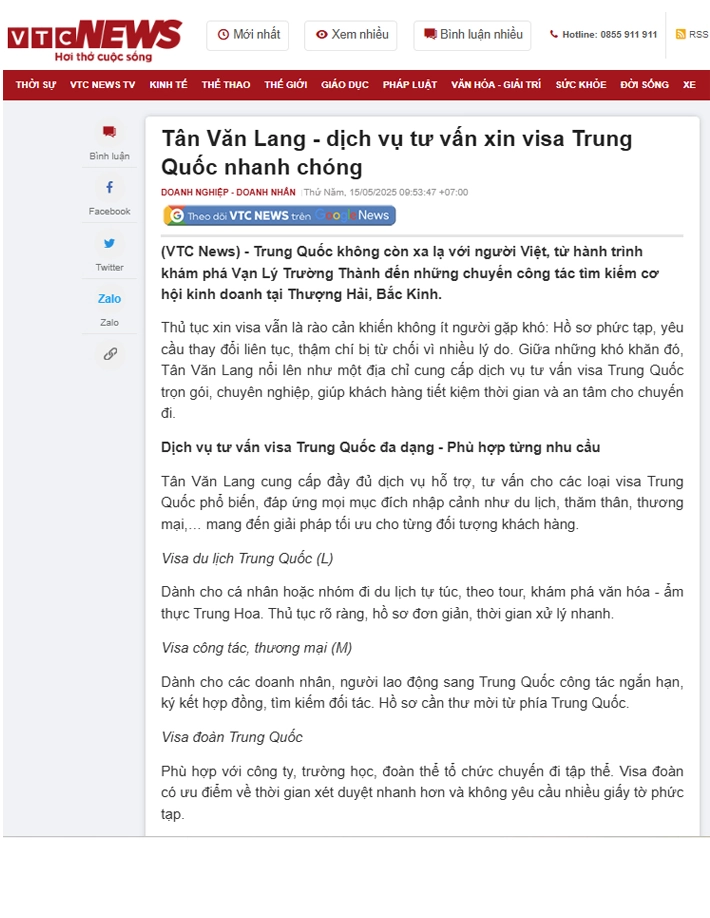 Báo VTC nói về Tân Văn Lang