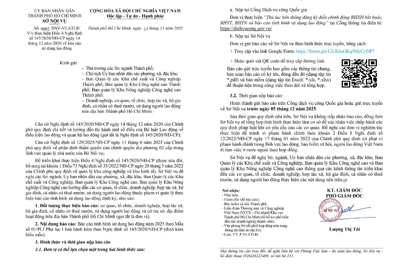 Thông Báo: Doanh nghiệp TP.HCM cần nộp Báo cáo sử dụng lao động năm 2025 trước 5/12