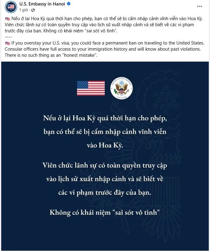 Cảnh báo từ đại sứ quán Hoa Kỳ: Ở quá hạn có thể bị cấm nhập cảnh vĩnh viễn